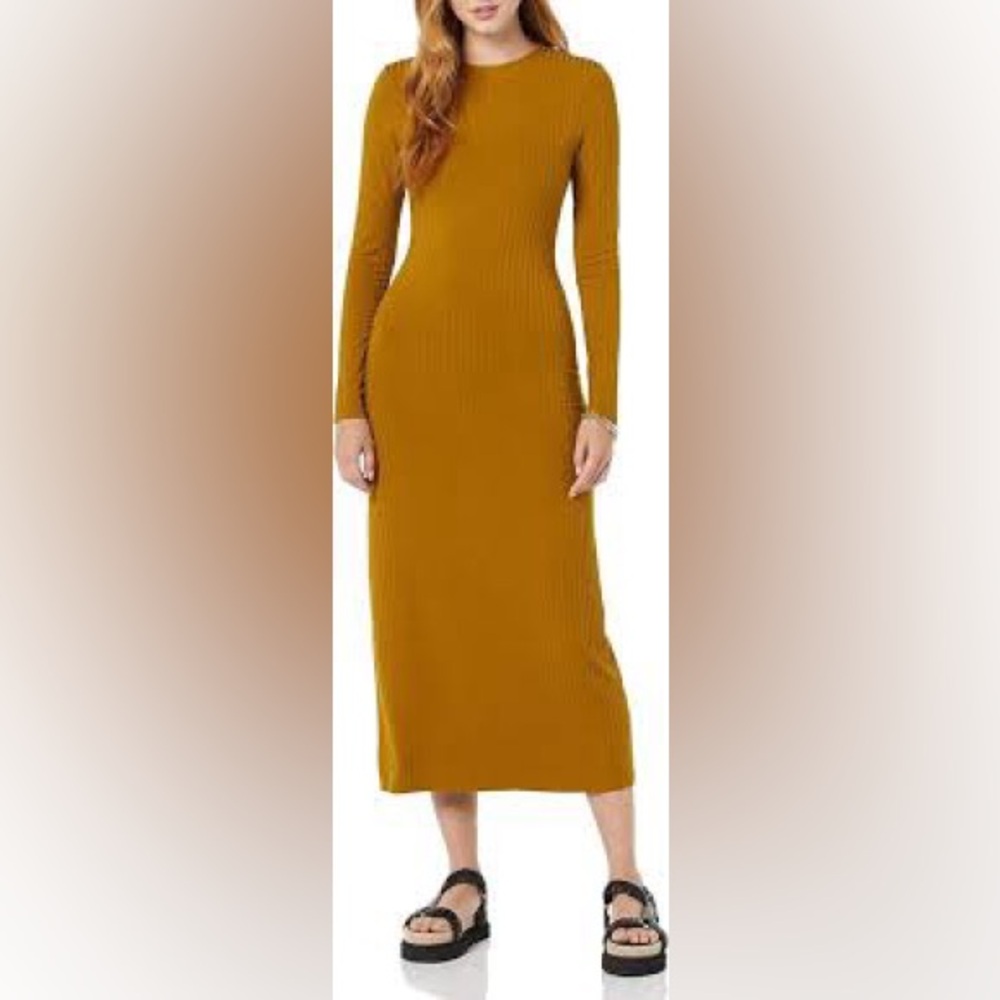 Anthropologie Daily Ritual Mustard Yellow Ribbed Long Sleeve Dress Sz XXL - Picture 3 of 6